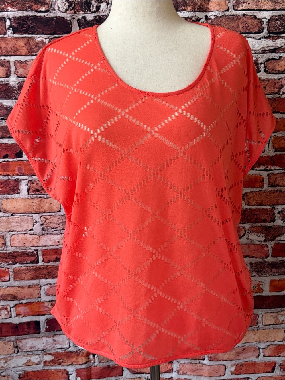 Zara Coral Openwork Scoop Neck Blouse Cap Sleeve Size Large
